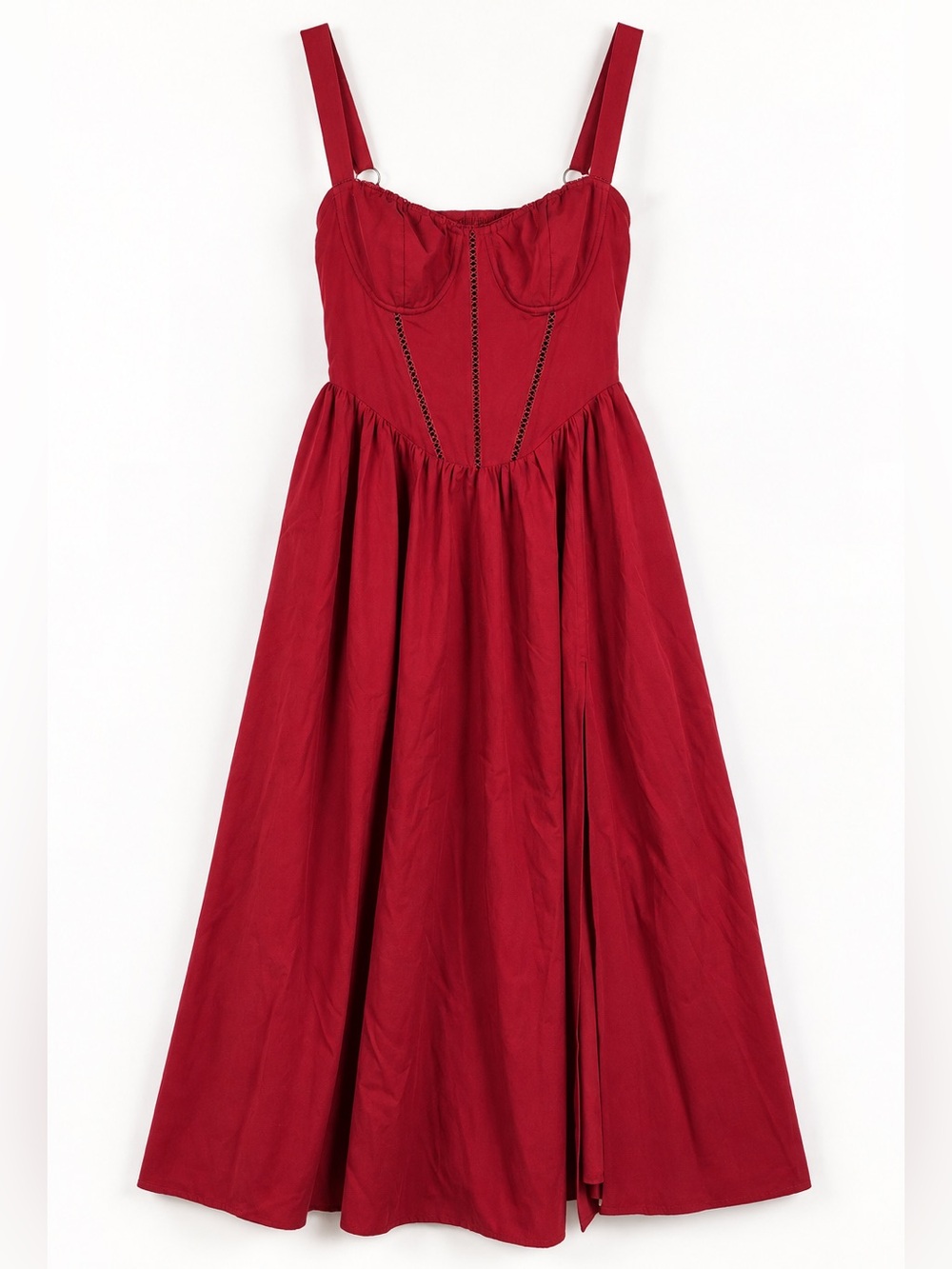 Red Corset Bustier Midi Dress High Slit Pockets S